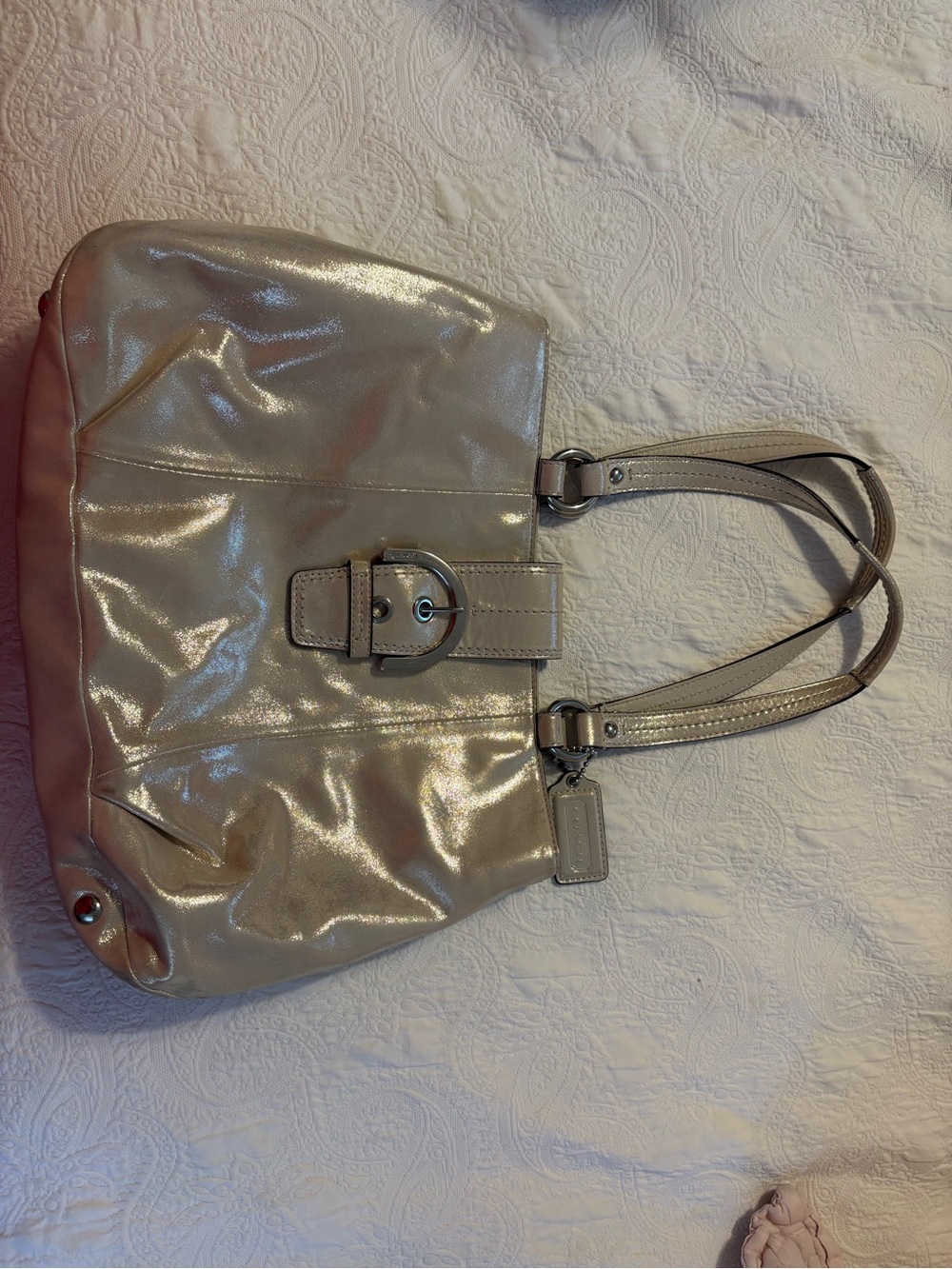 Coach Metallic Pearl Cream Satchel with Buckle Detail
